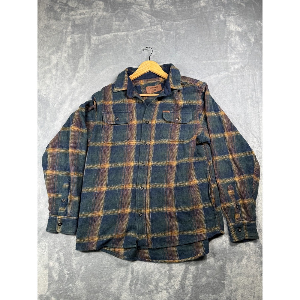Orvis Flannel Shirt Mens Large Green Blue Plaid Long Sleeve Classic Button Up